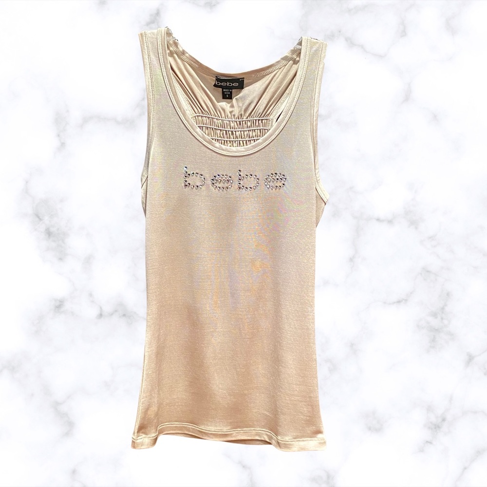 Bebe Logo Smocked Racerback Tank | S